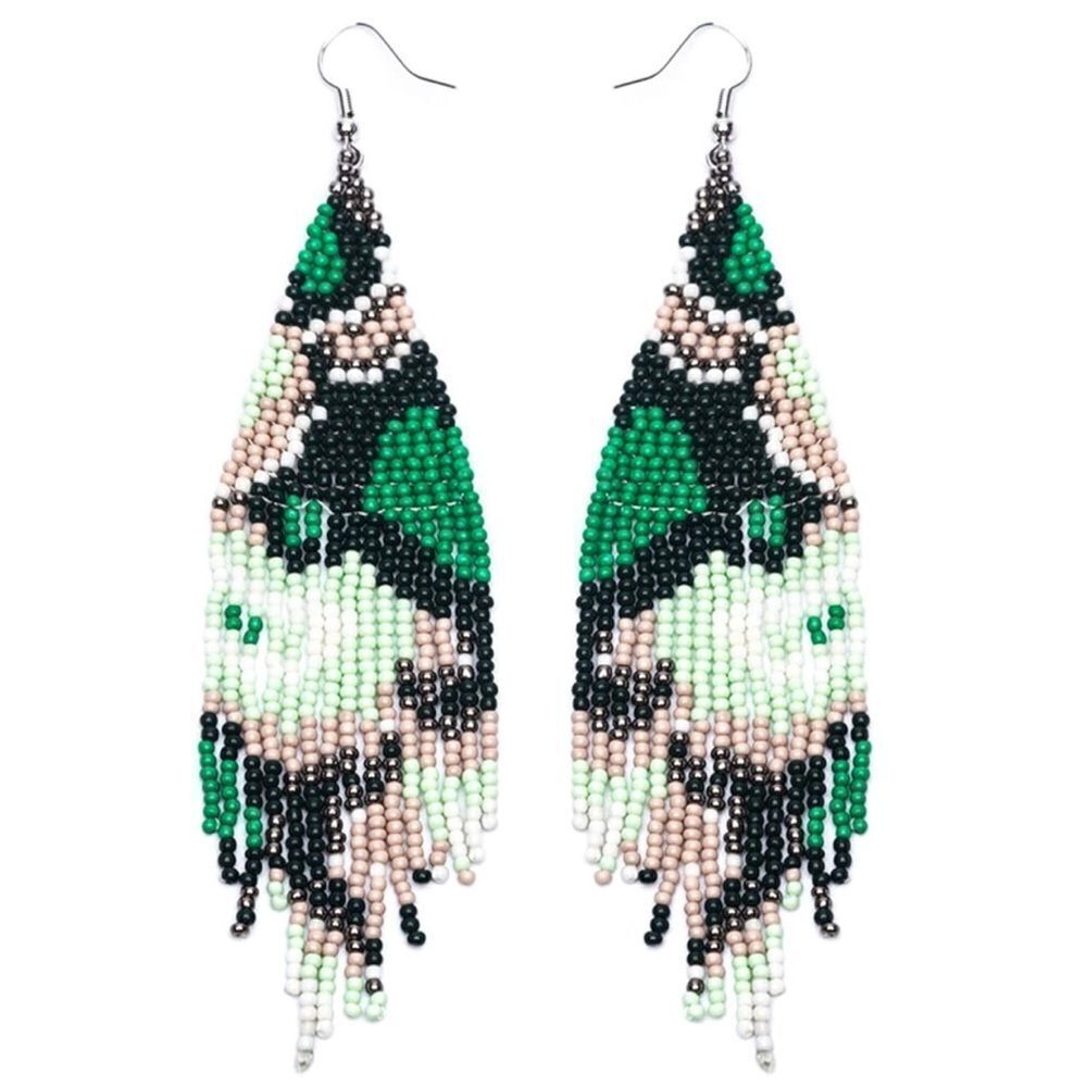 Abstract Bohemian Seed Bead Tassel Dangling Statement French Wire Hook Earrings